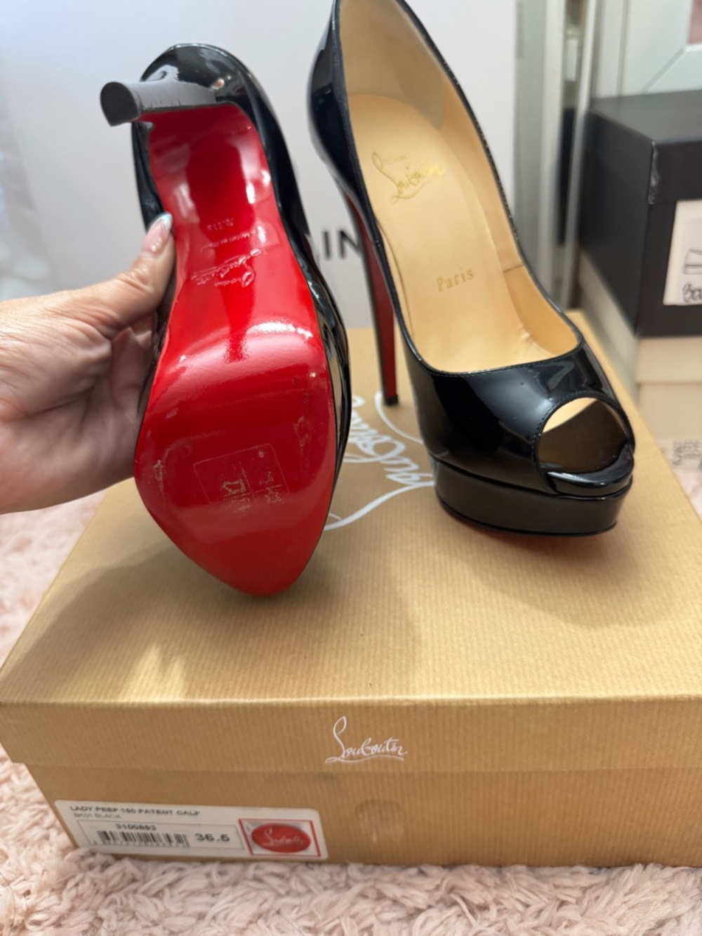 Christian Louboutin Black Patent Peep-Toe Platform Pumps with Red Sole - Picture 3 of 3